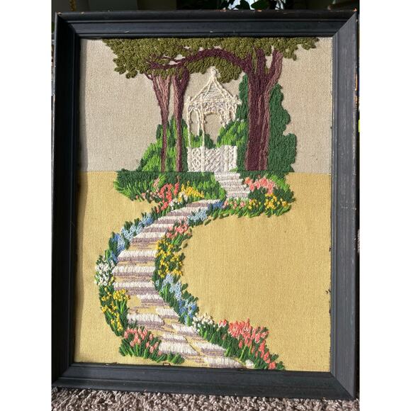 Vtg Framed Crewel Embroidery Springtime Gazebo Needlepoint Floral Grandmacore - Picture 15 of 16